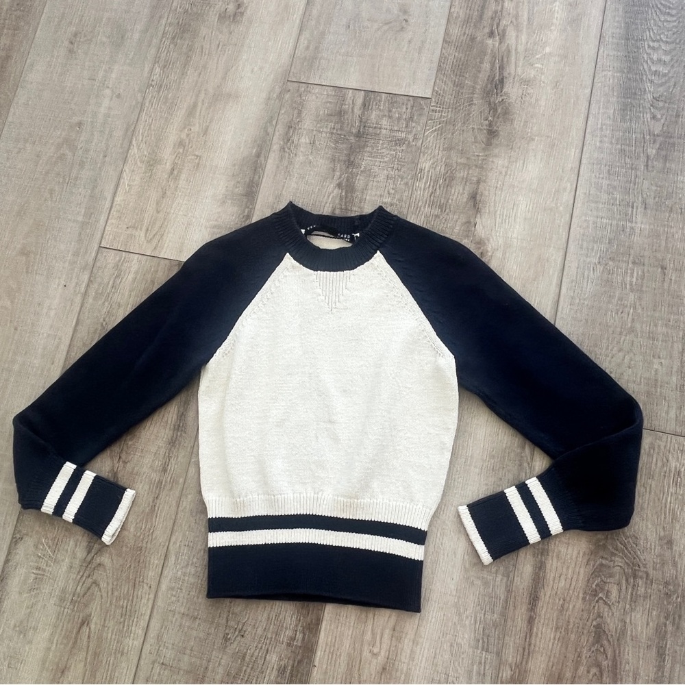 Veronica Beard Crewneck Pullover Sweater XS 32” Raglan Sleeve Navy Blue Ivory
